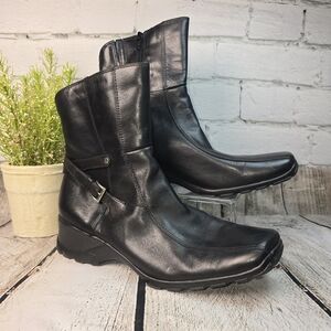 STYLE AND CO SHORT BLACK LEATHER BOOTS RUSTIC SQUARE TOE SIDE ZIP WOMENS 11 EUC